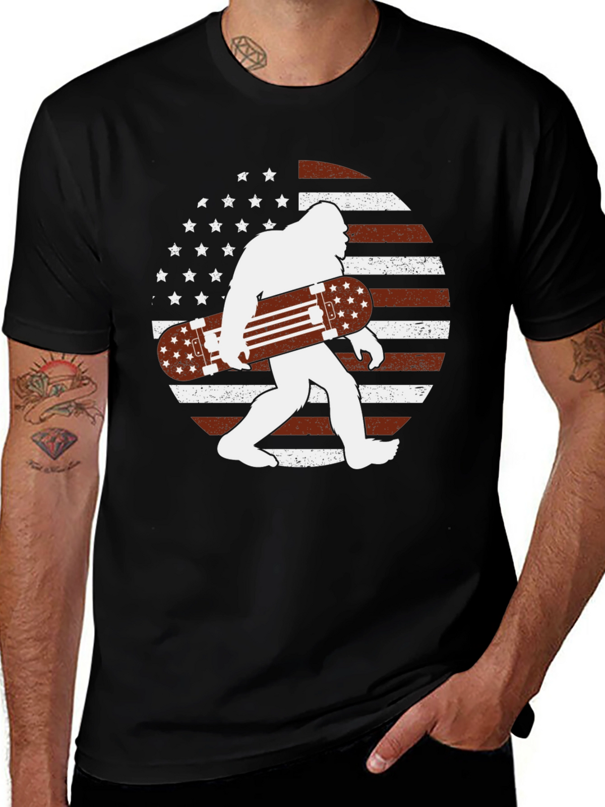 Sasquatch Skateboard USA Flag Graphic T-Shirt