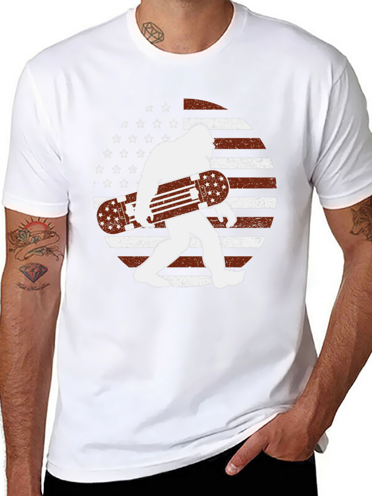 Sasquatch Skateboard USA Flag Graphic T-Shirt