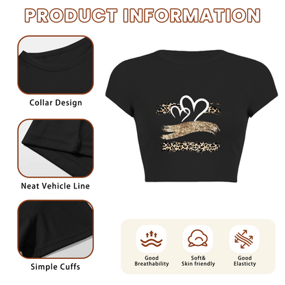 Leopard Glitter Brush Double Heart Gothic Black Crop Tee