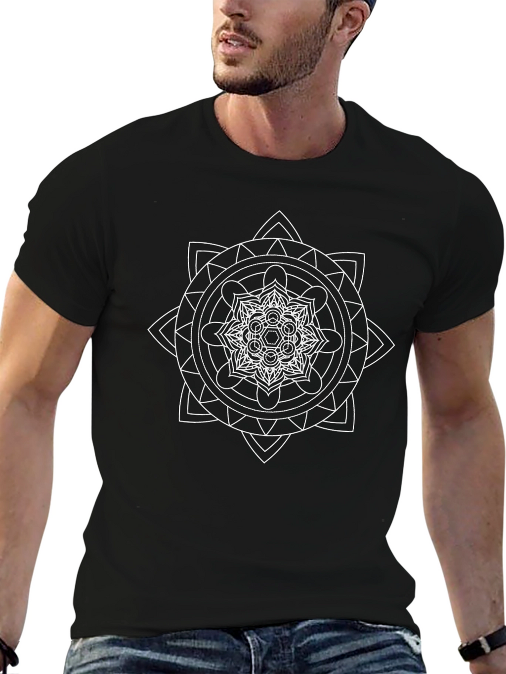 Geometric Mandala Graphic Tee - Black Cotton T-Shirt