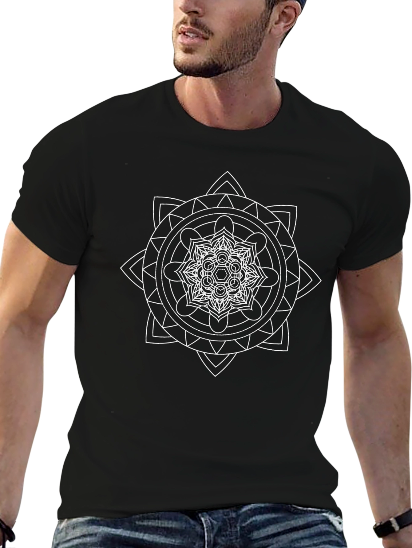 Geometric Mandala Graphic Tee - Black Cotton T-Shirt