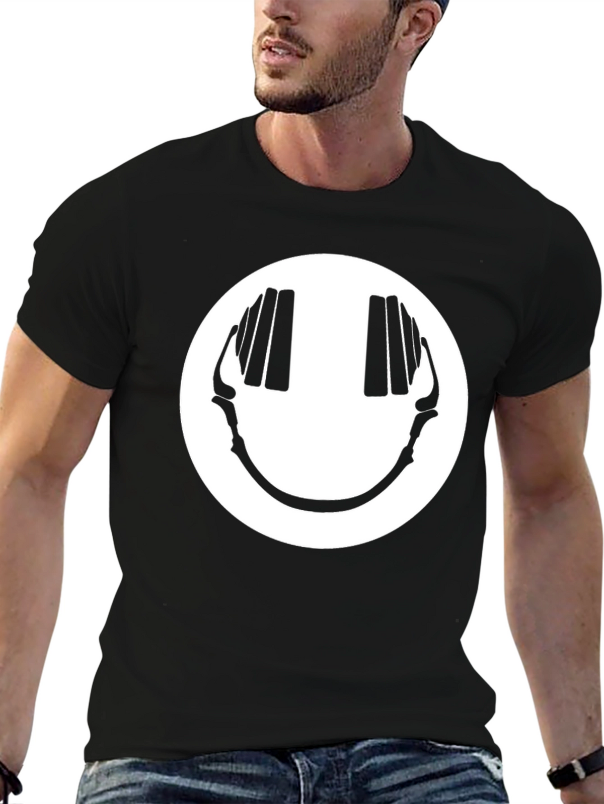 Smiley Face Headphones Graphic Tee - Black