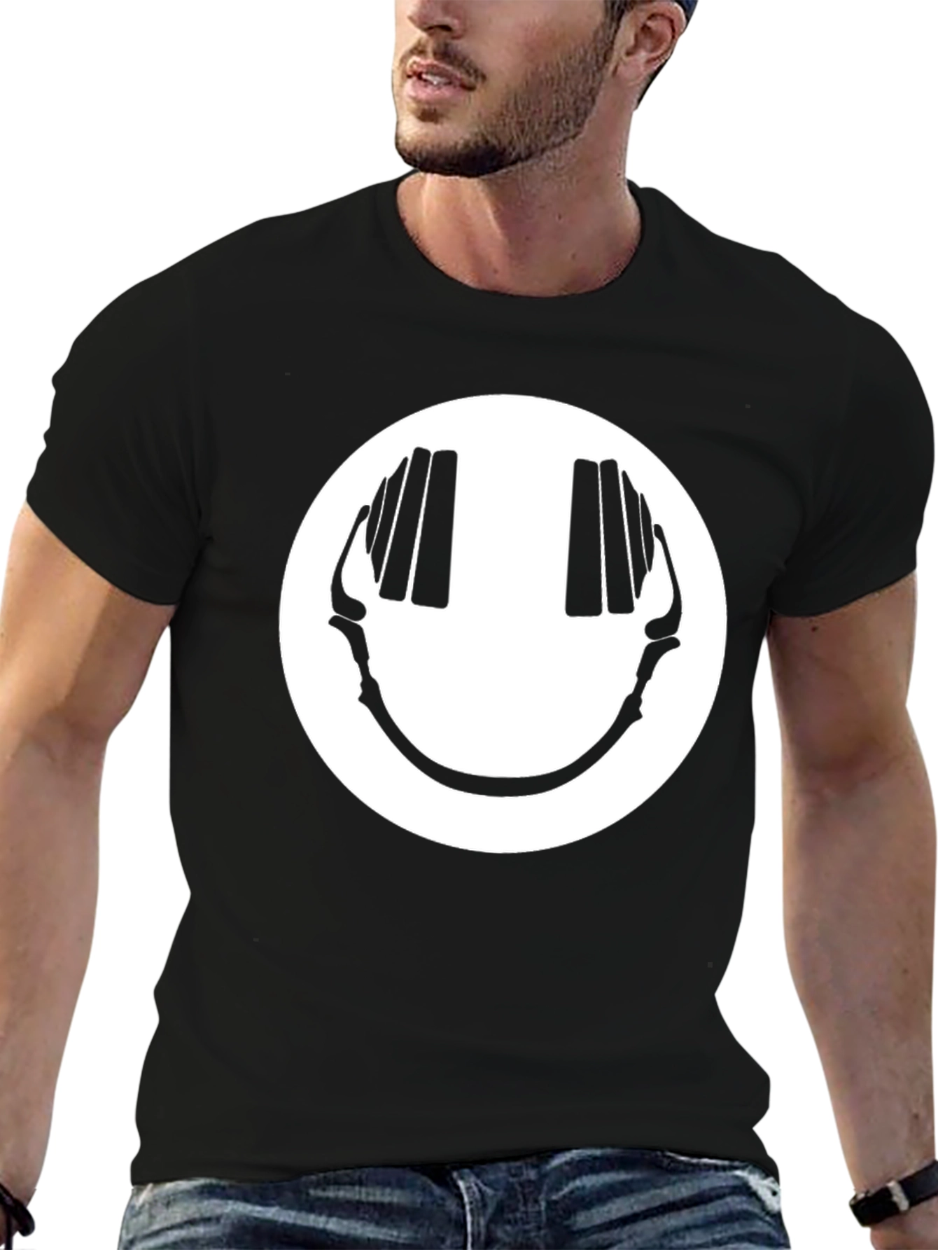 Smiley Face Headphones Graphic Tee - Black