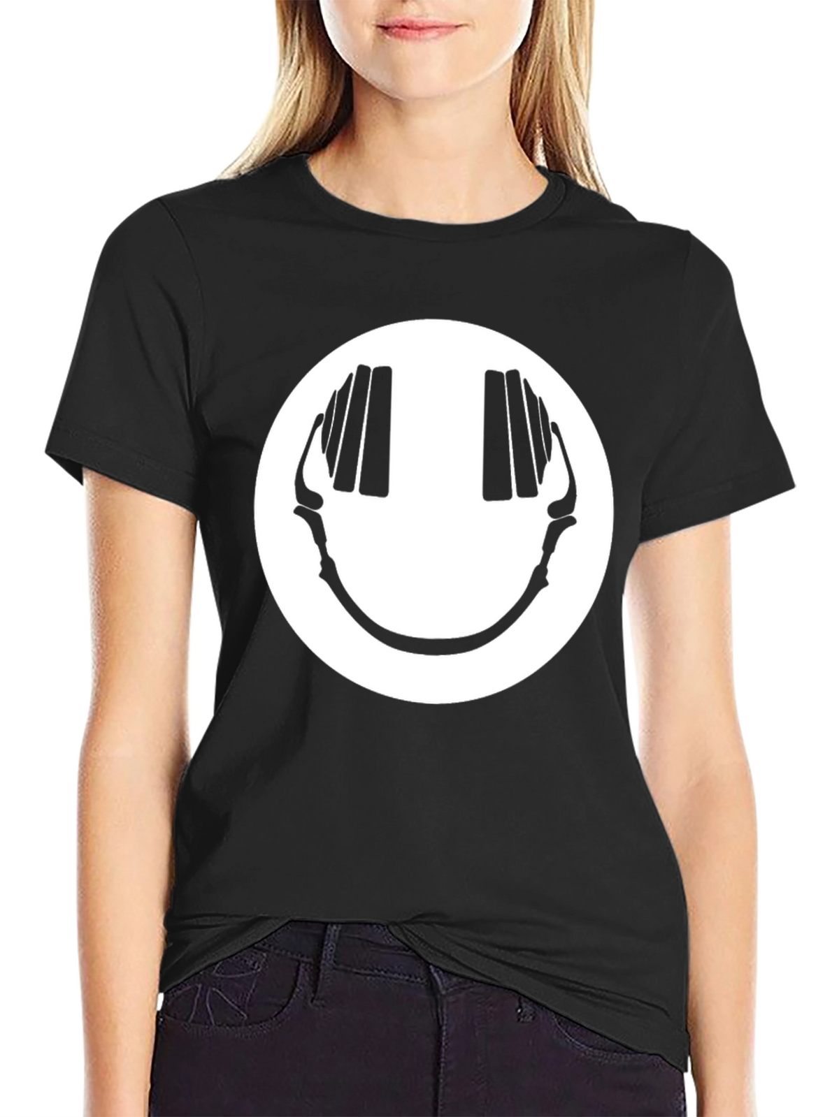 Smiley Face Headphones Graphic Tee - Black