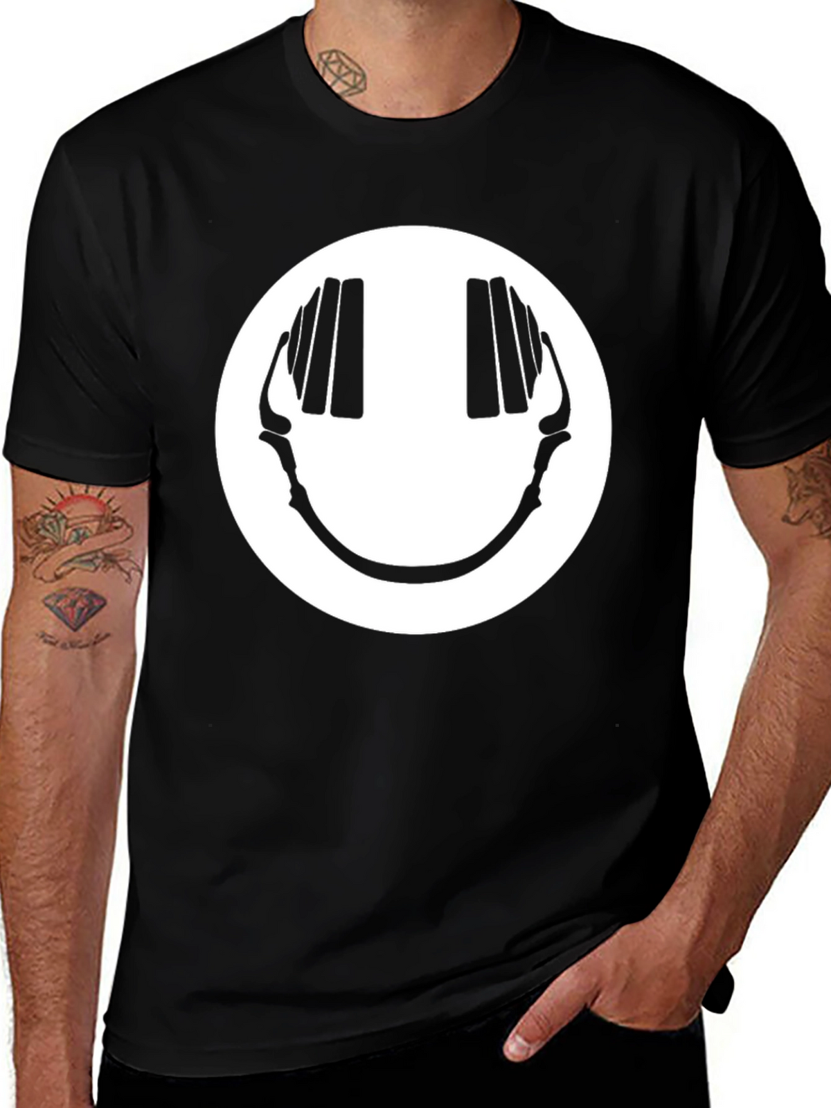 Smiley Face Headphones Graphic Tee - Black