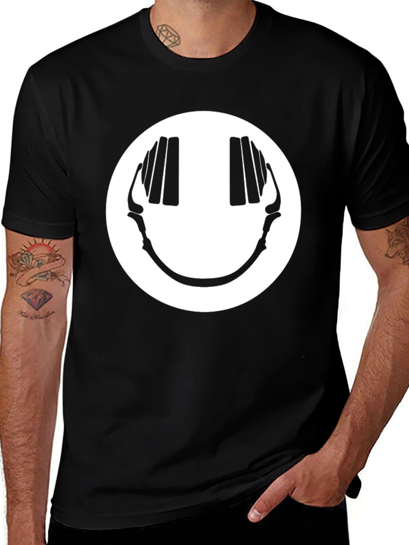Smiley Face Headphones Graphic Tee - Black