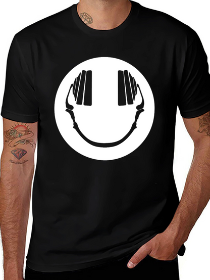Smiley Face Headphones Graphic Tee - Black
