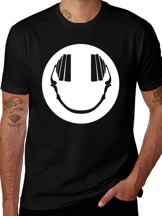 Smiley Face Headphones Graphic Tee - Black