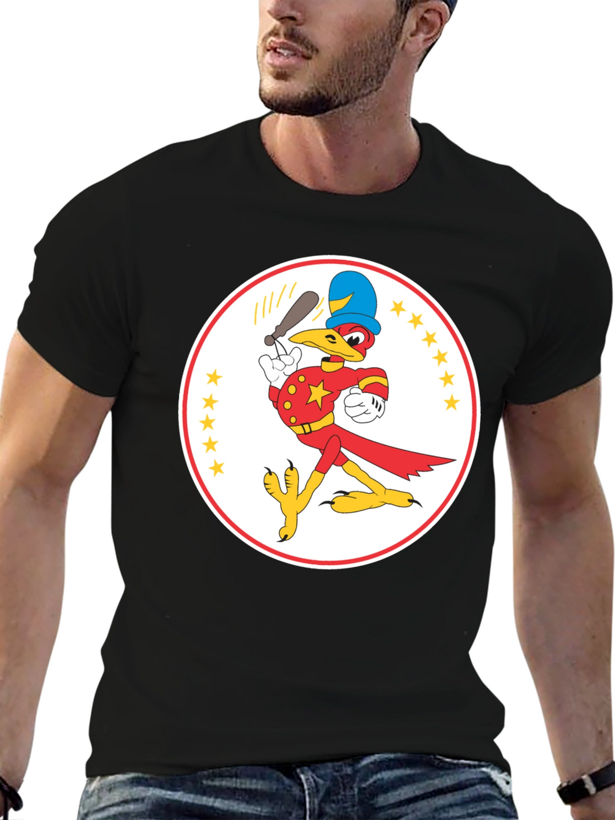 Cartoon Bird Baseball Player Black T-Shirt