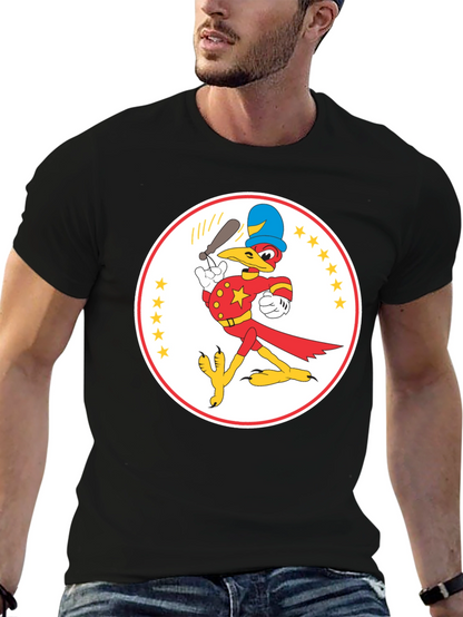 Cartoon Bird Baseball Player Black T-Shirt