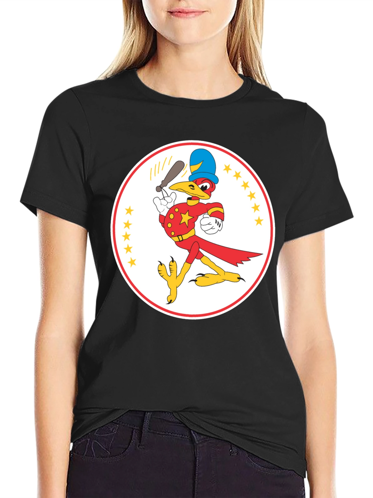 Cartoon Bird Baseball Player Black T-Shirt