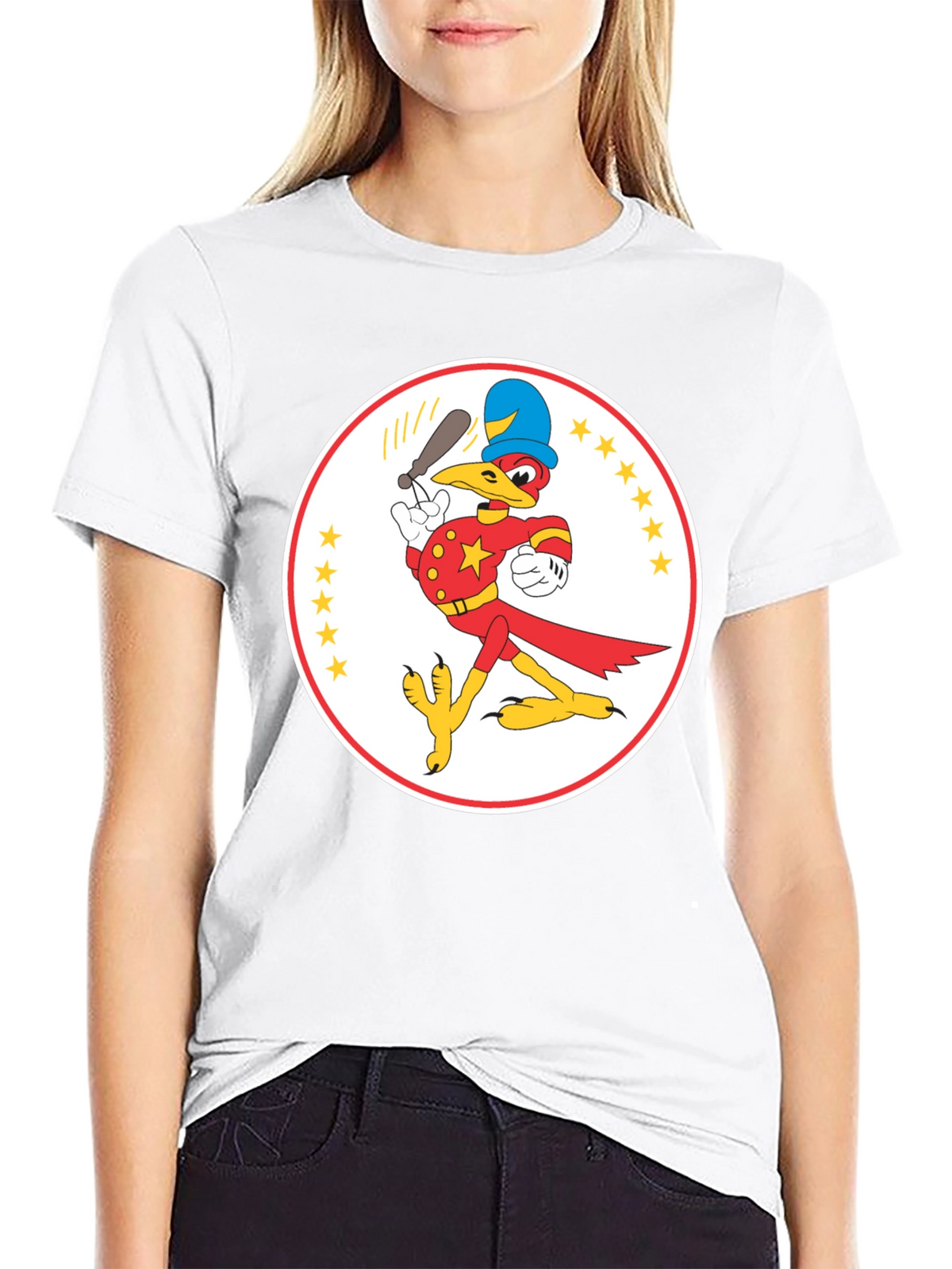 Cartoon Bird Baseball Player Black T-Shirt