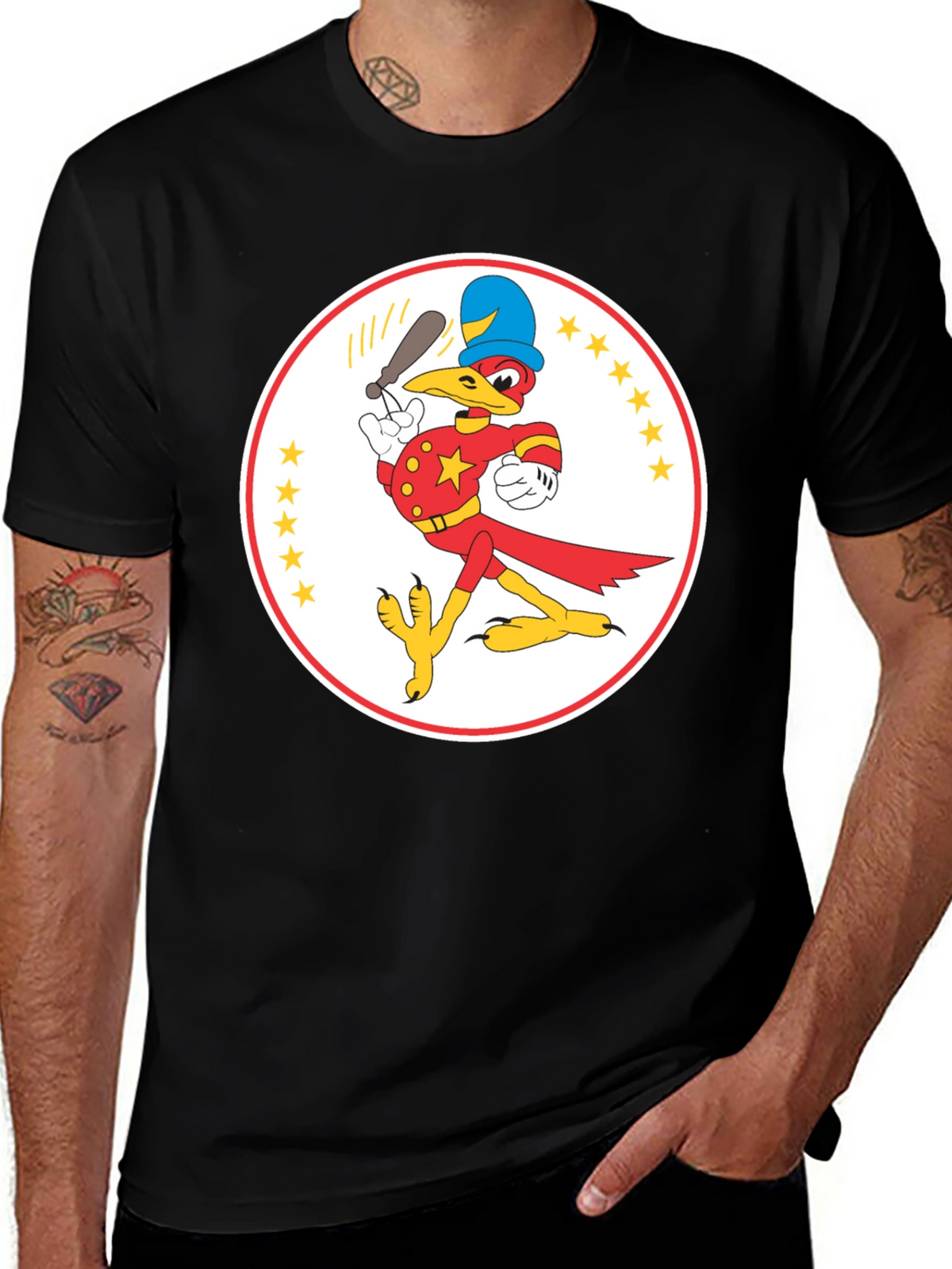 Cartoon Bird Baseball Player Black T-Shirt
