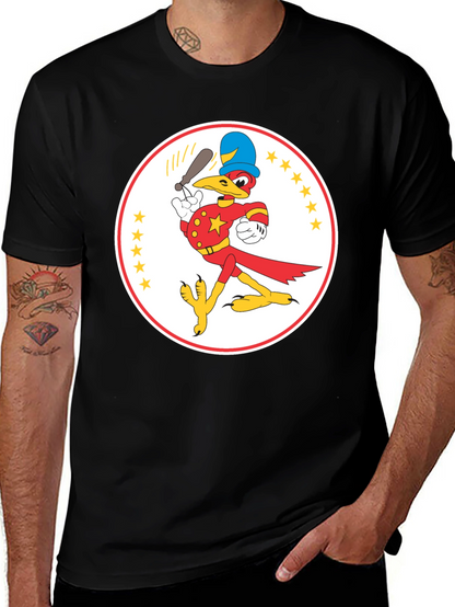 Cartoon Bird Baseball Player Black T-Shirt