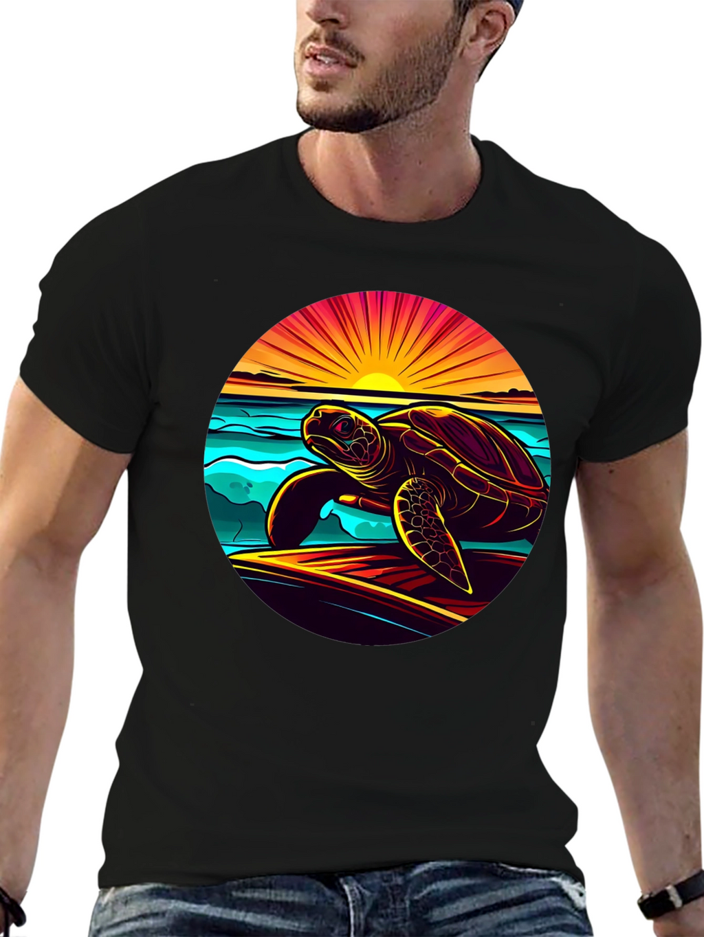 Sunset Turtle Graphic Tee - Beach Style