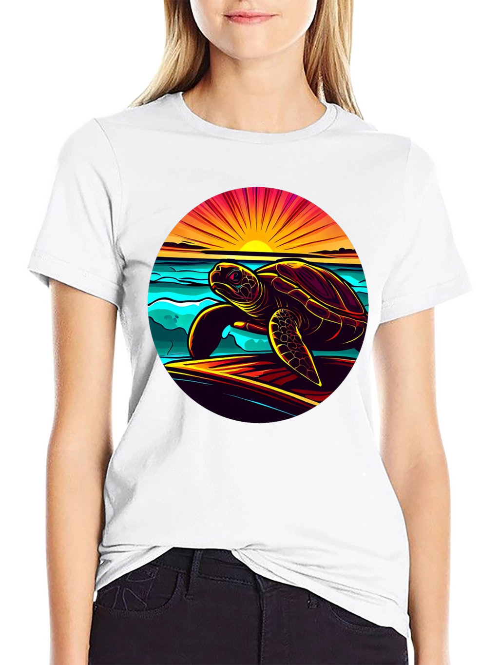Sunset Turtle Graphic Tee - Beach Style