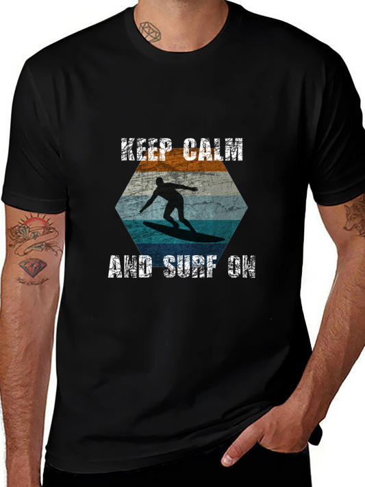 Keep Calm and Surf On Tee - Black Graphic T-Shirt
