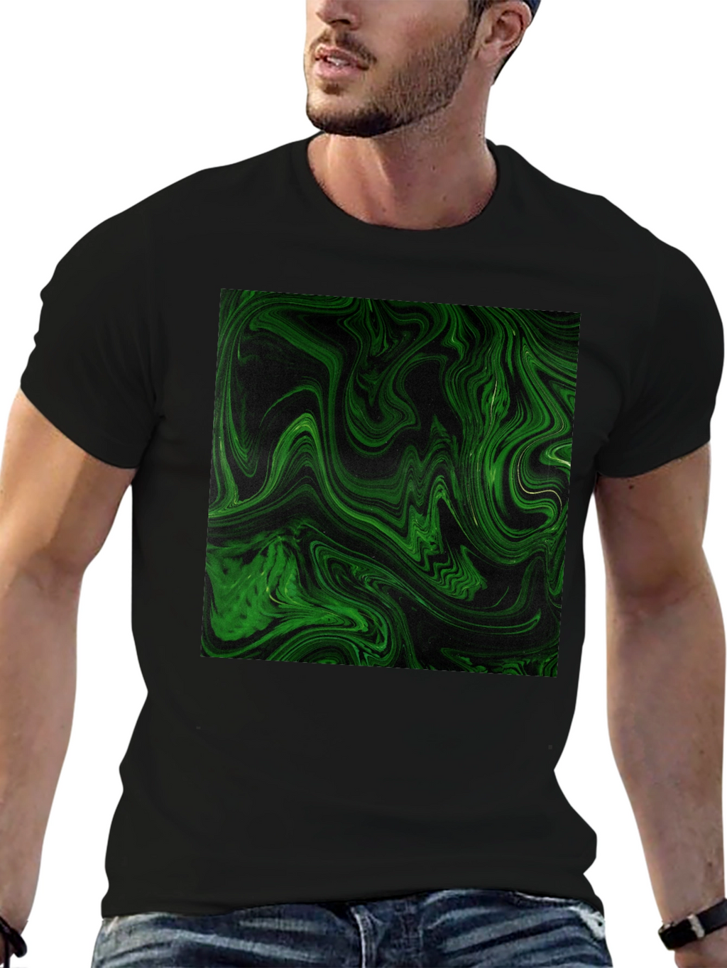 Green Swirl Graphic Black T-Shirt