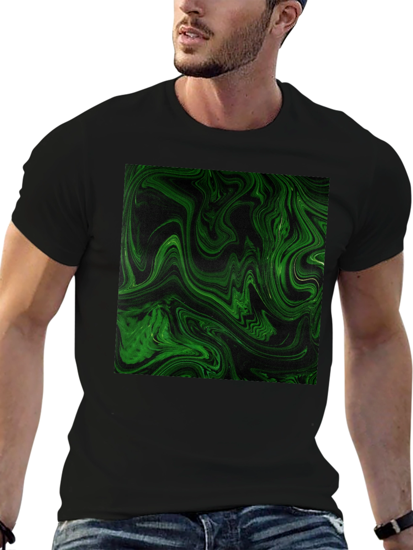 Green Swirl Graphic Black T-Shirt