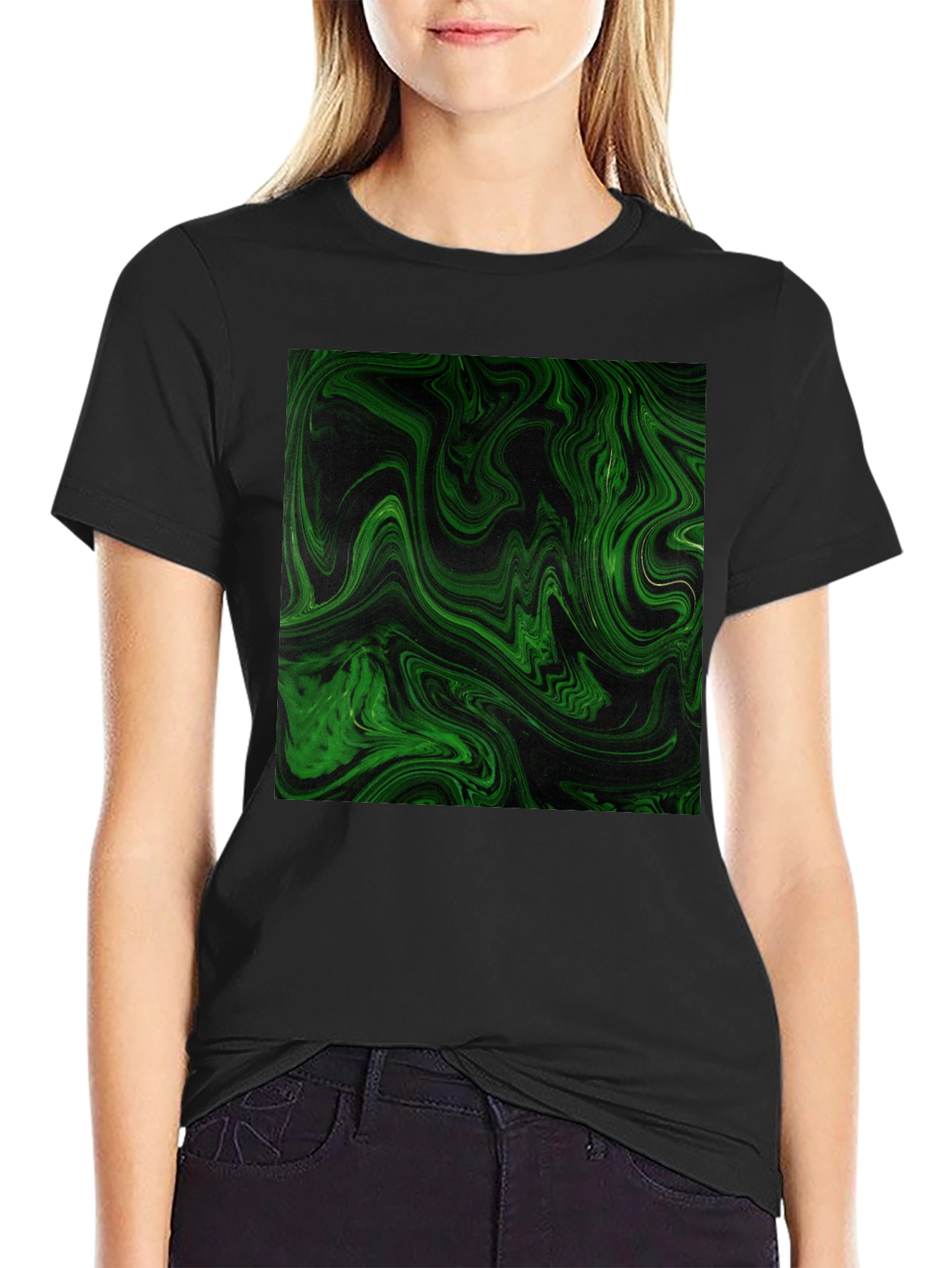 Green Swirl Graphic Black T-Shirt