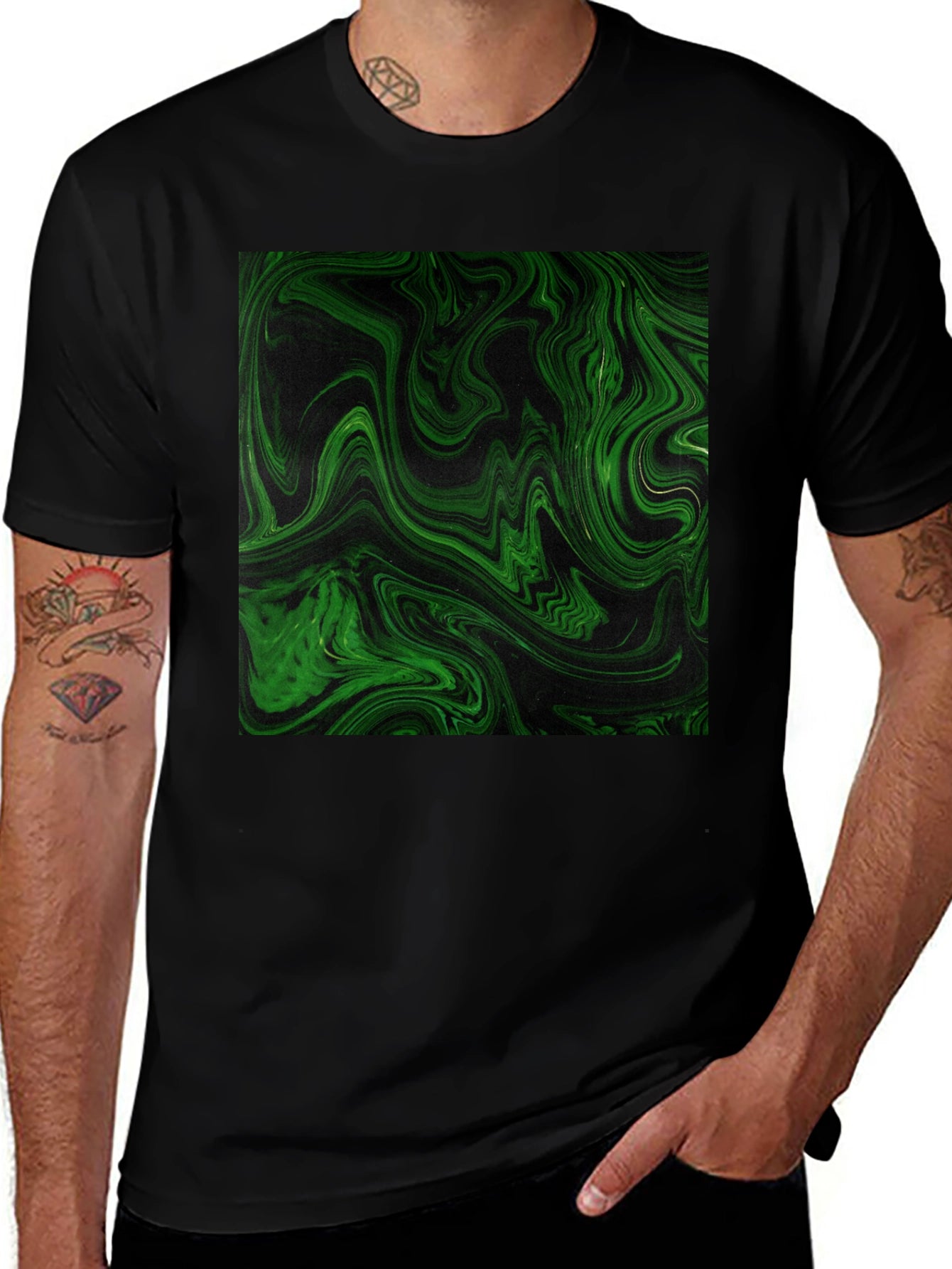 Green Swirl Graphic Black T-Shirt