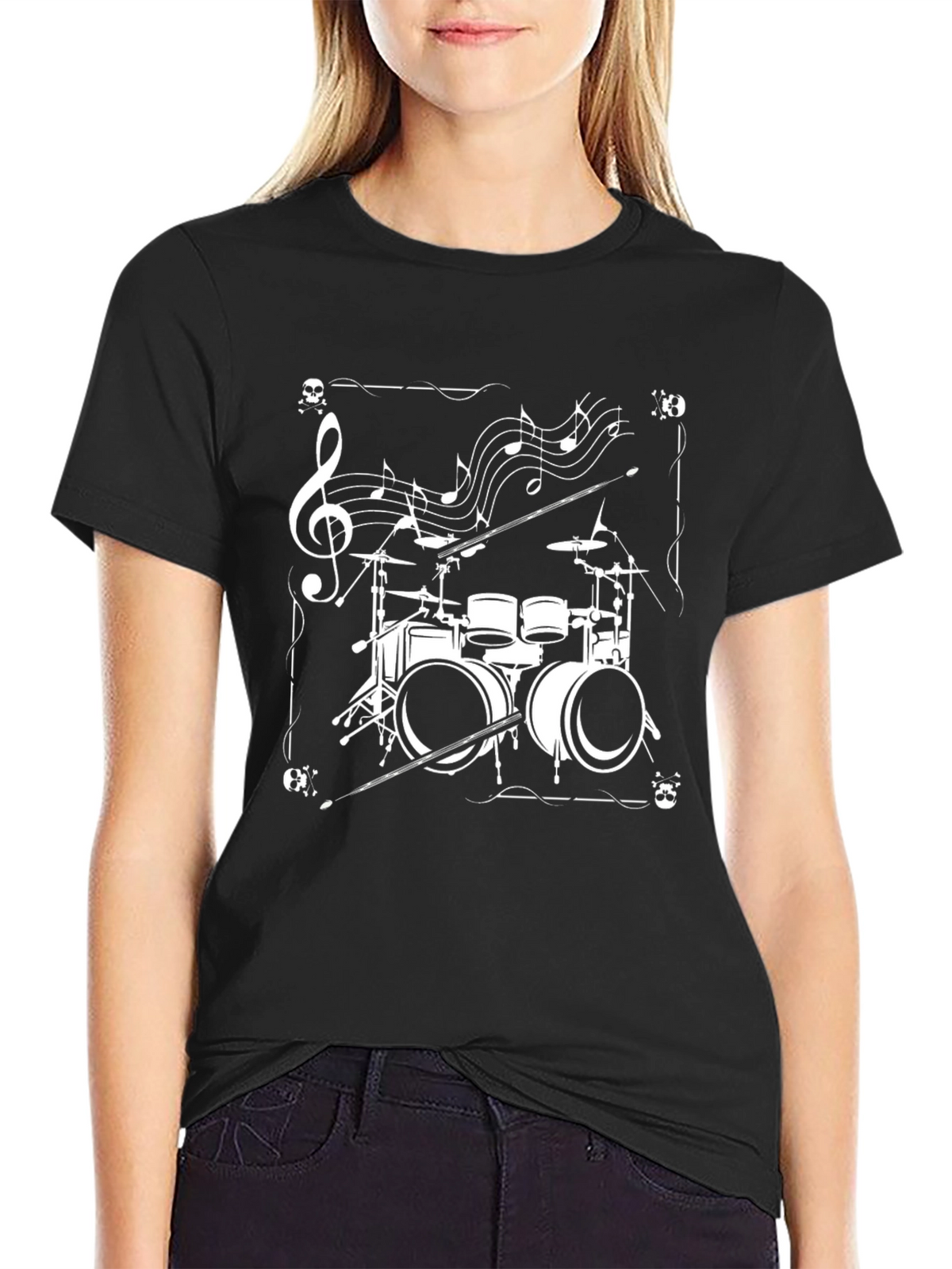 Drum Set Music Notes Graphic Tee - Black