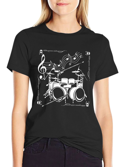 Drum Set Music Notes Graphic Tee - Black