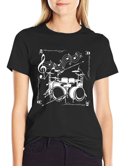 Drum Set Music Notes Graphic Tee - Black