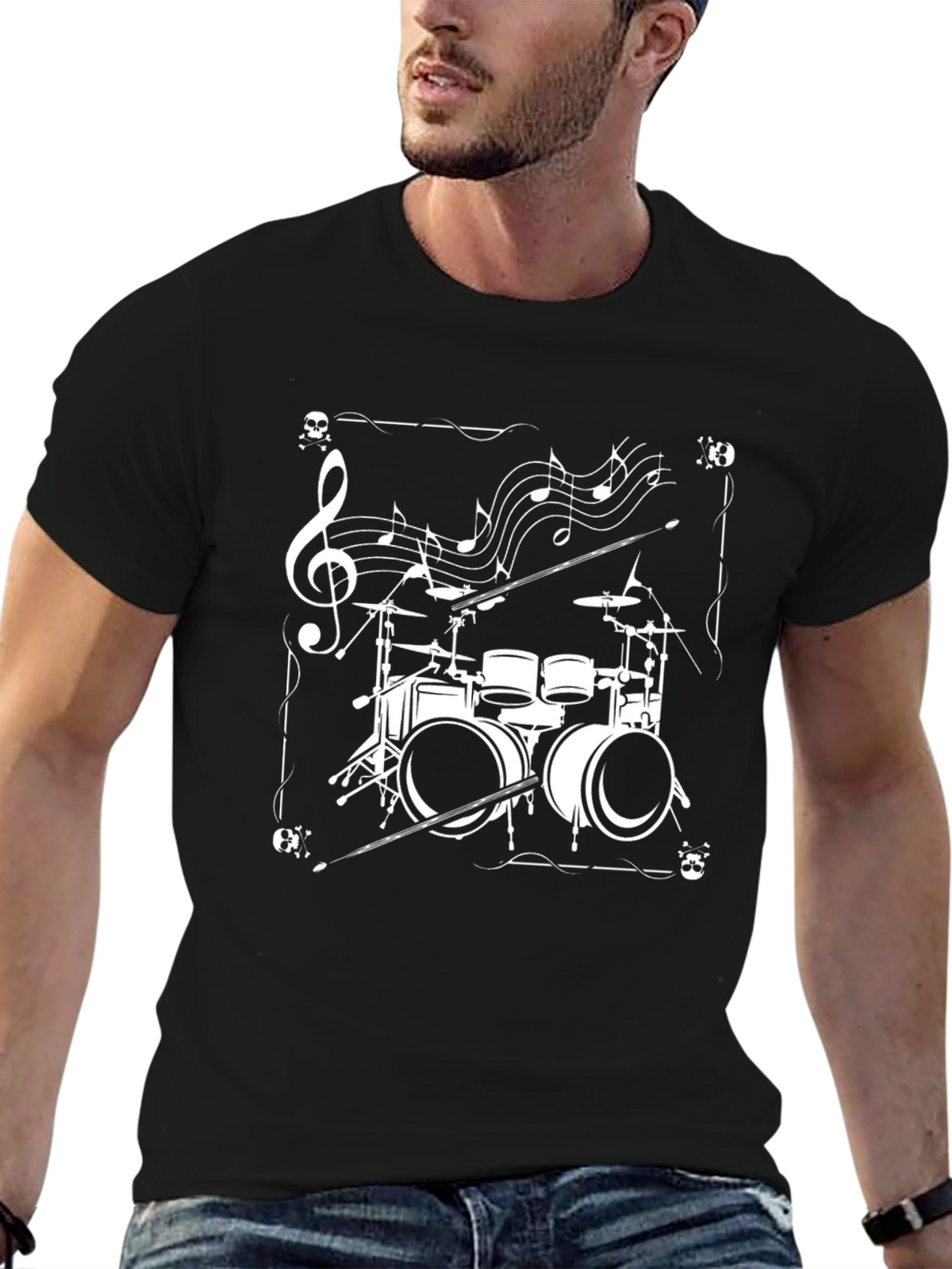 Drum Set Music Notes Graphic Tee - Black