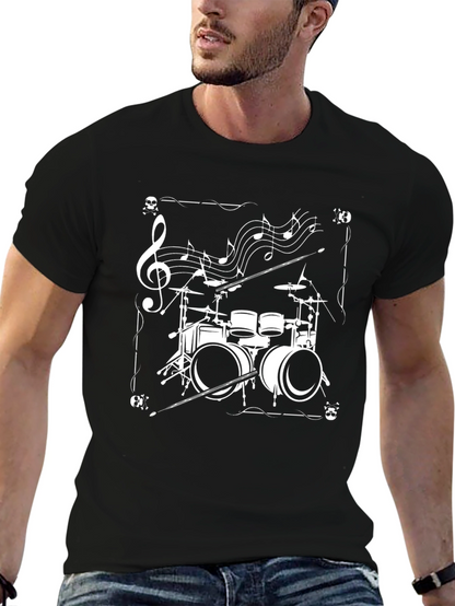 Drum Set Music Notes Graphic Tee - Black