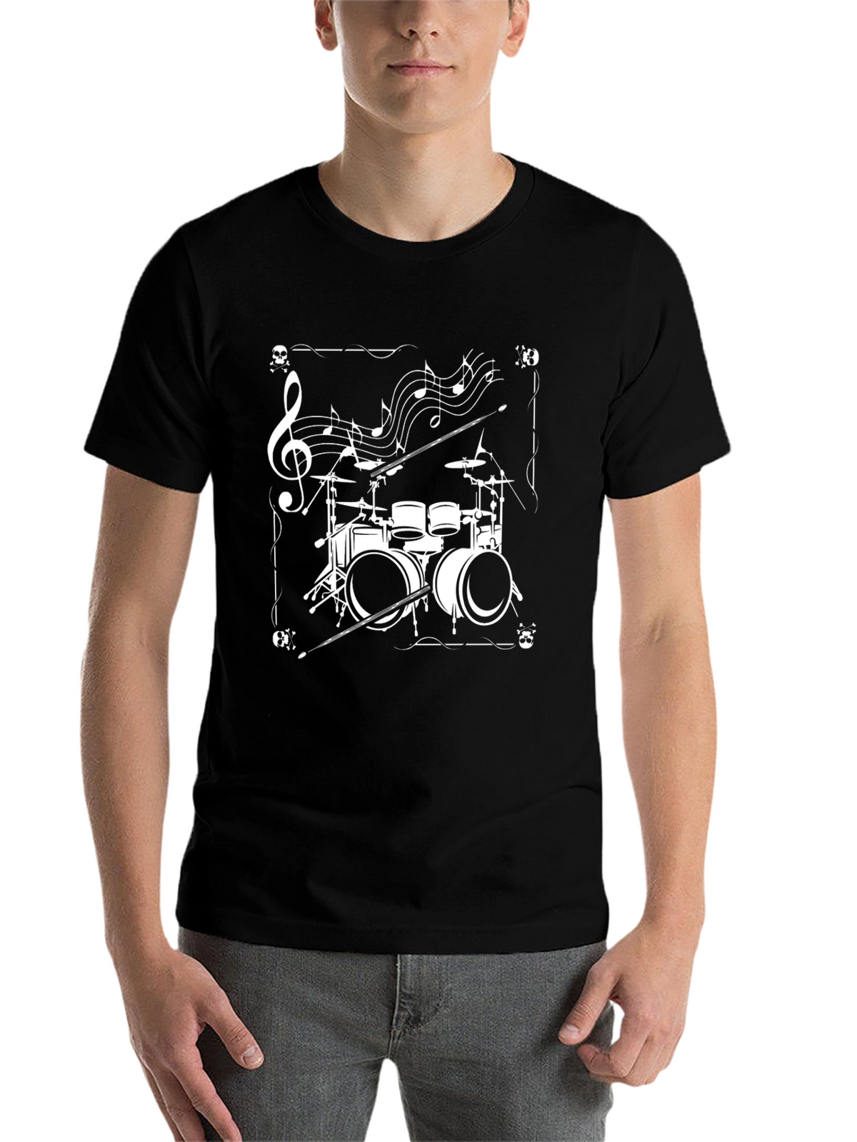 Drum Set Music Notes Graphic Tee - Black