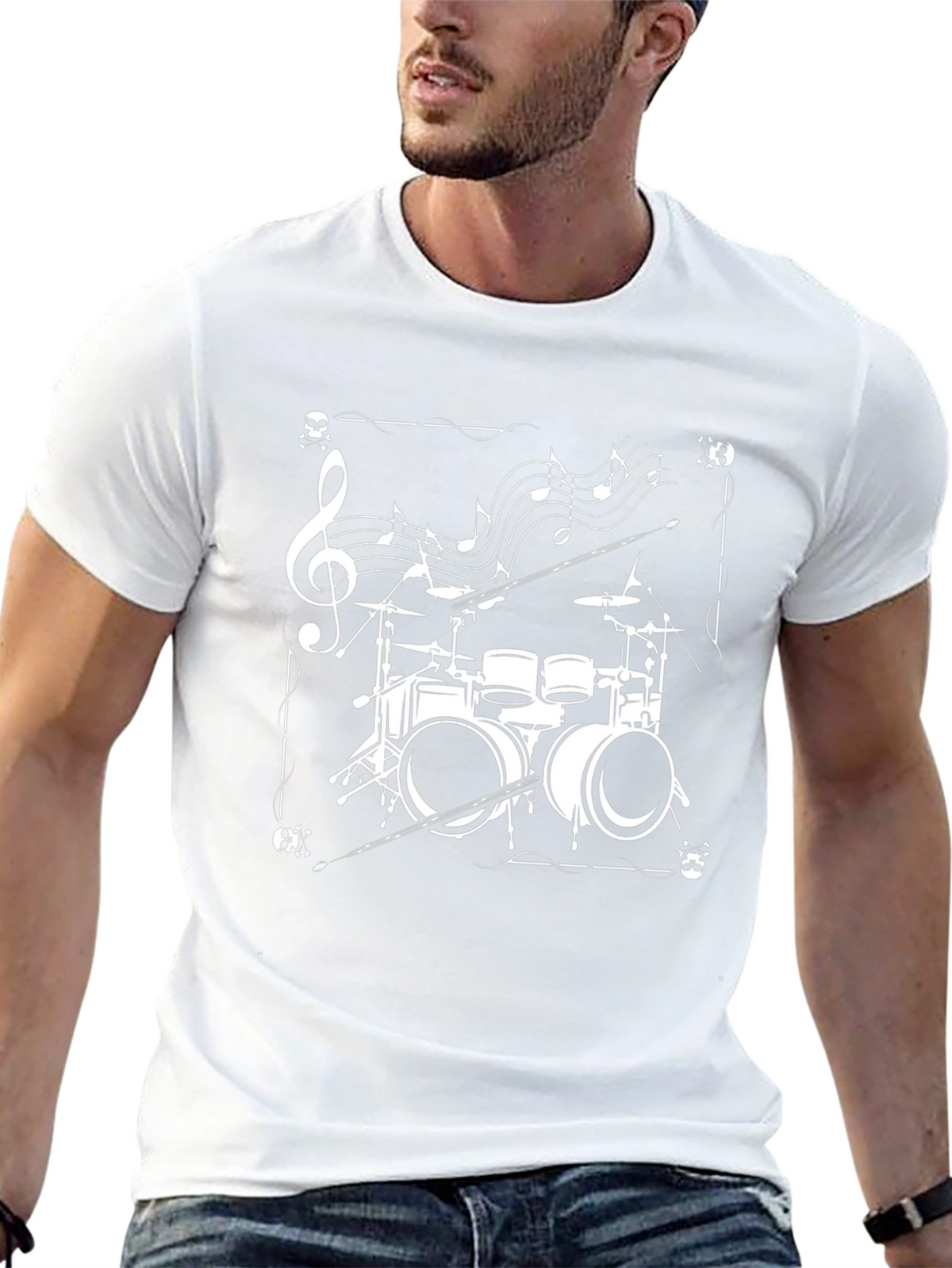 Drum Set Music Notes Graphic Tee - Black
