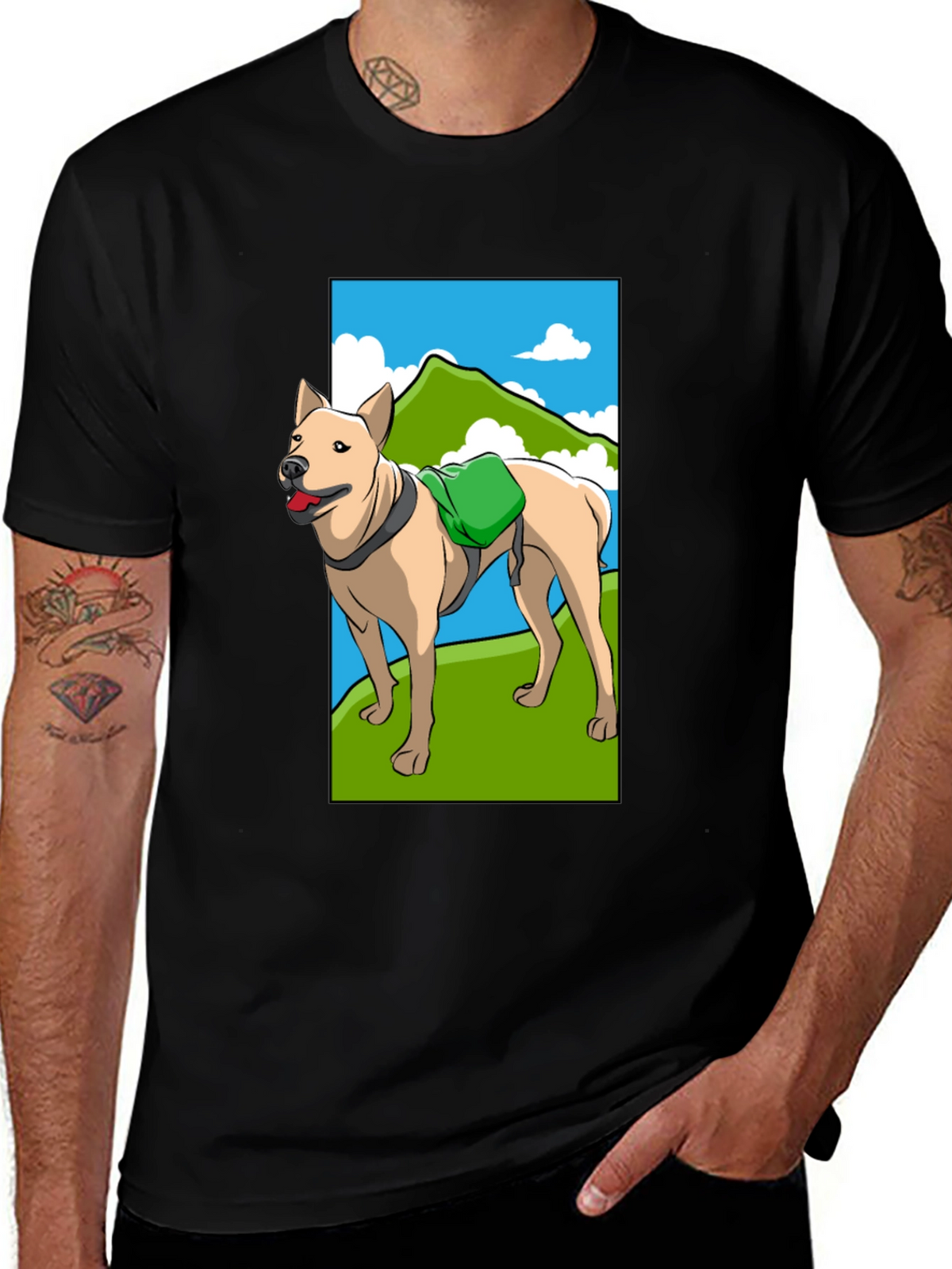 Dog Hiking Adventure Graphic Tee - Black Cotton Shirt