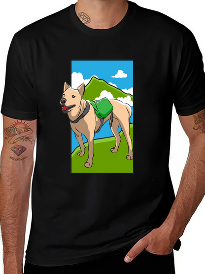 Dog Hiking Adventure Graphic Tee - Black Cotton Shirt