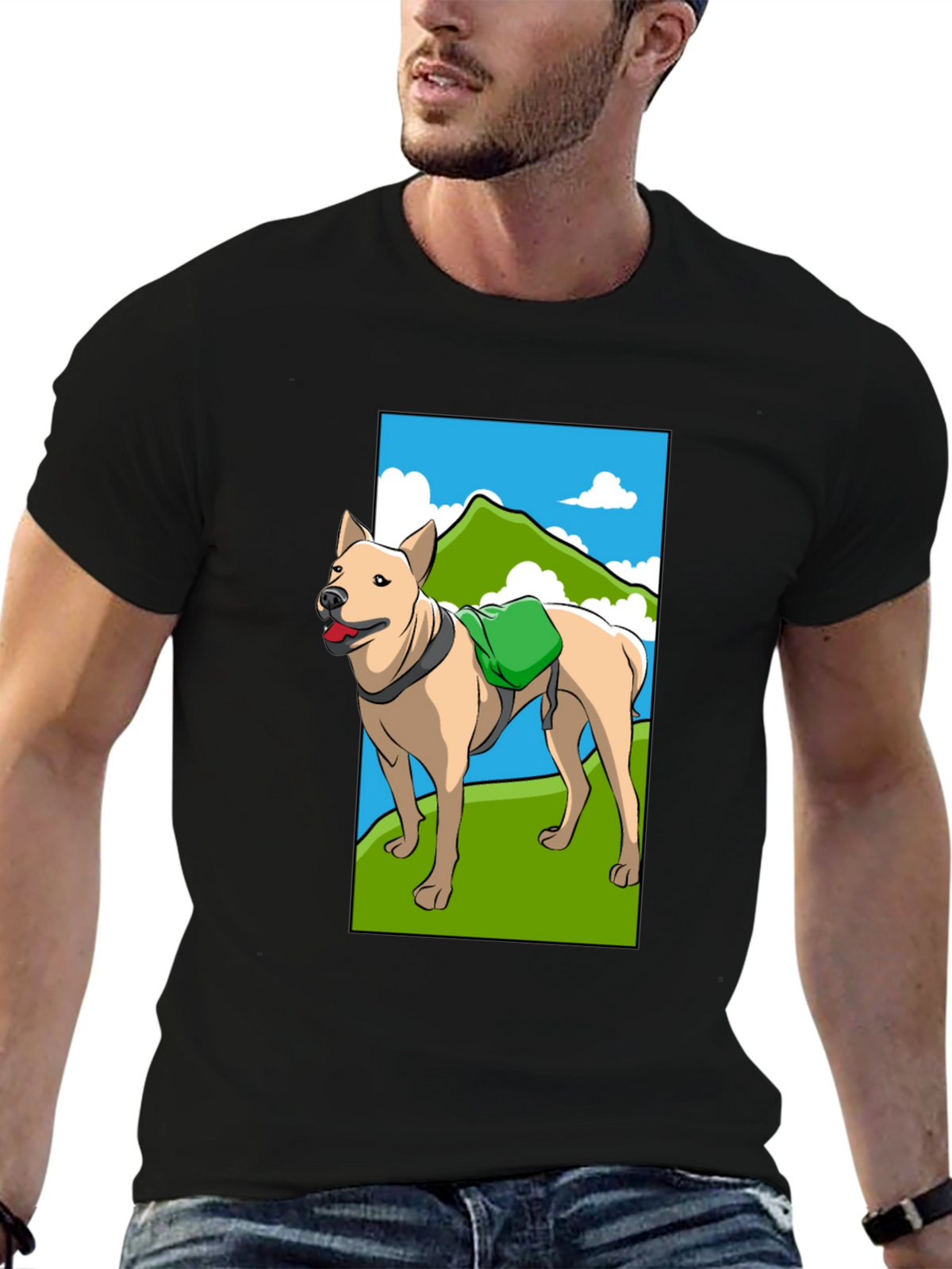Dog Hiking Adventure Graphic Tee - Black Cotton Shirt