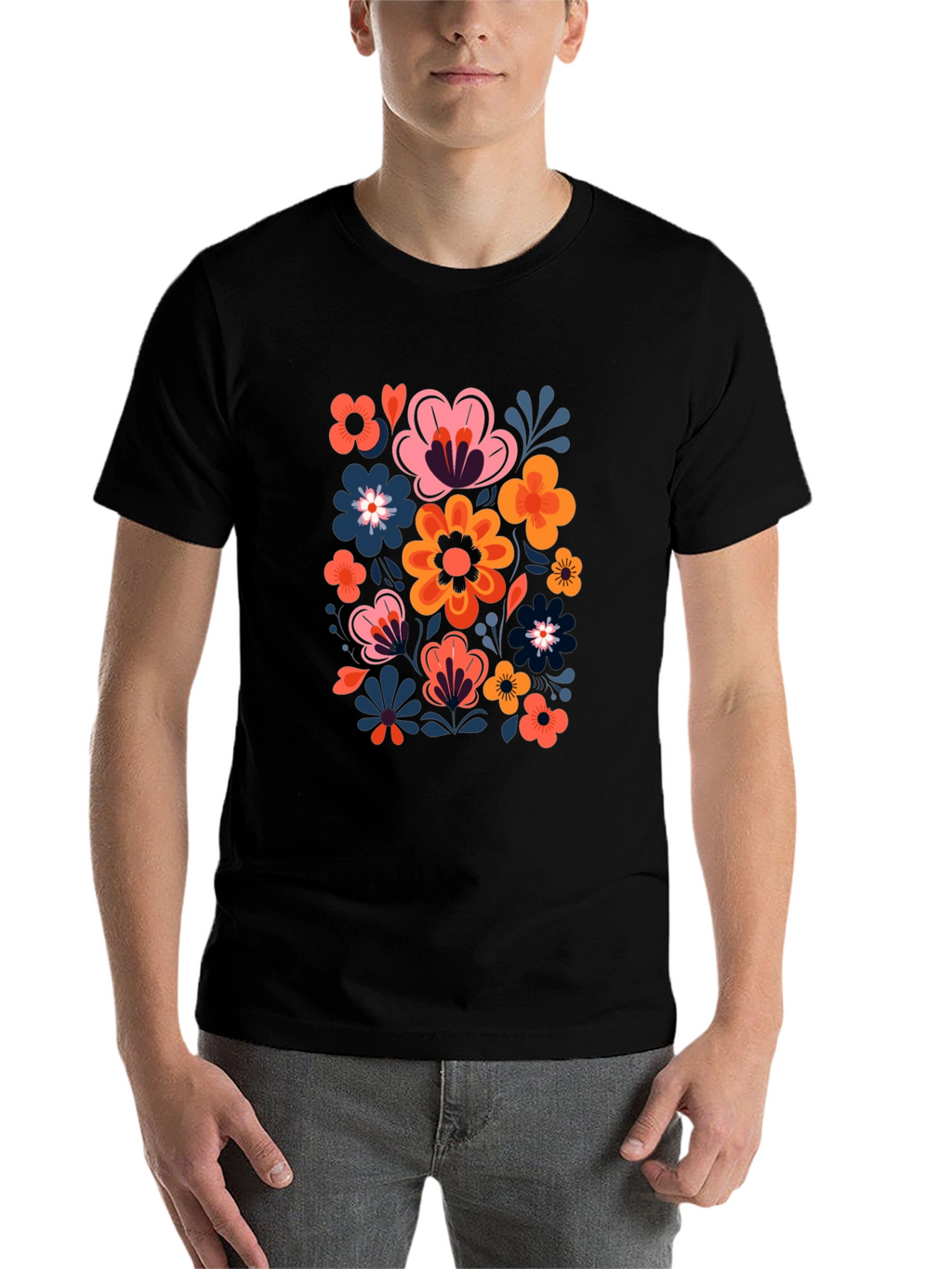 Floral Print Black Crew Neck Tee