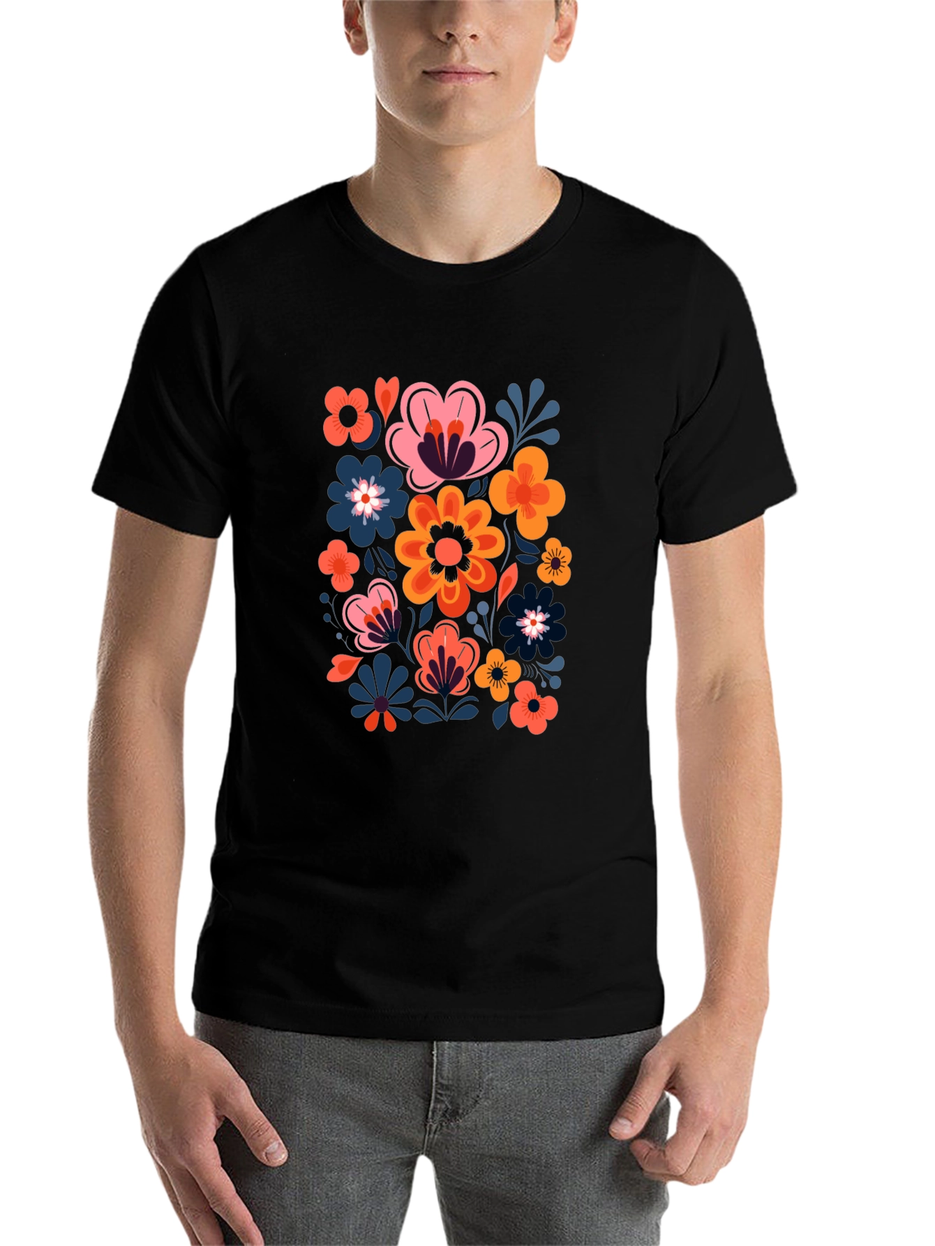 Floral Print Black Crew Neck Tee