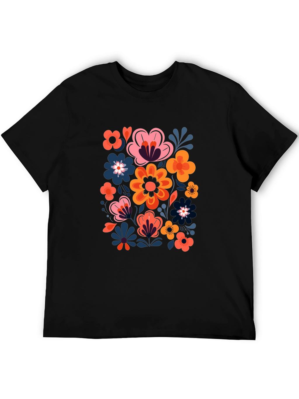 Floral Print Black Crew Neck Tee