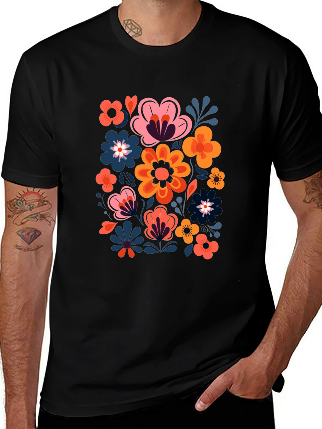 Floral Print Black Crew Neck Tee