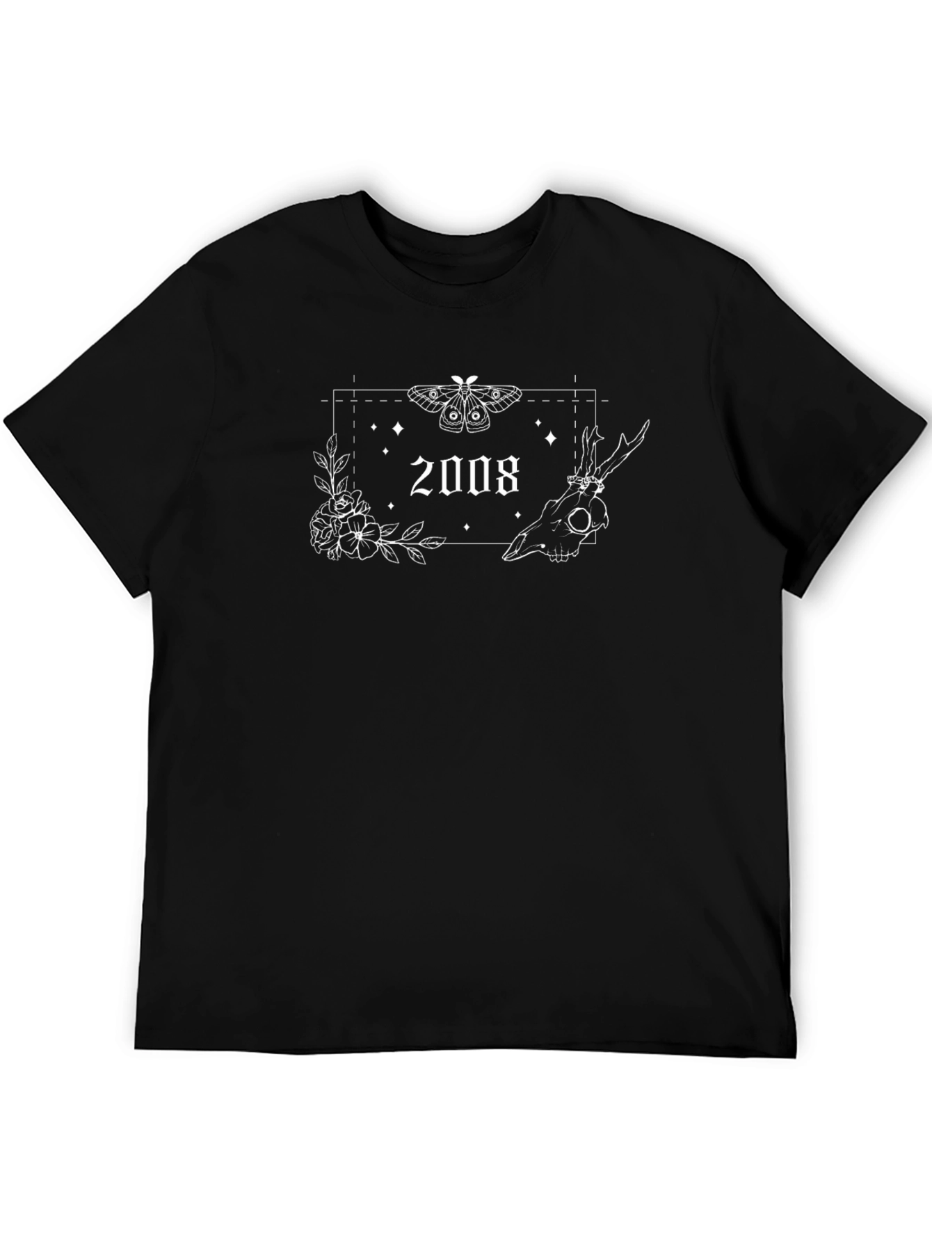 Gothic 2008 Moth Skull Floral Tee - Unisex Black T-Shirt