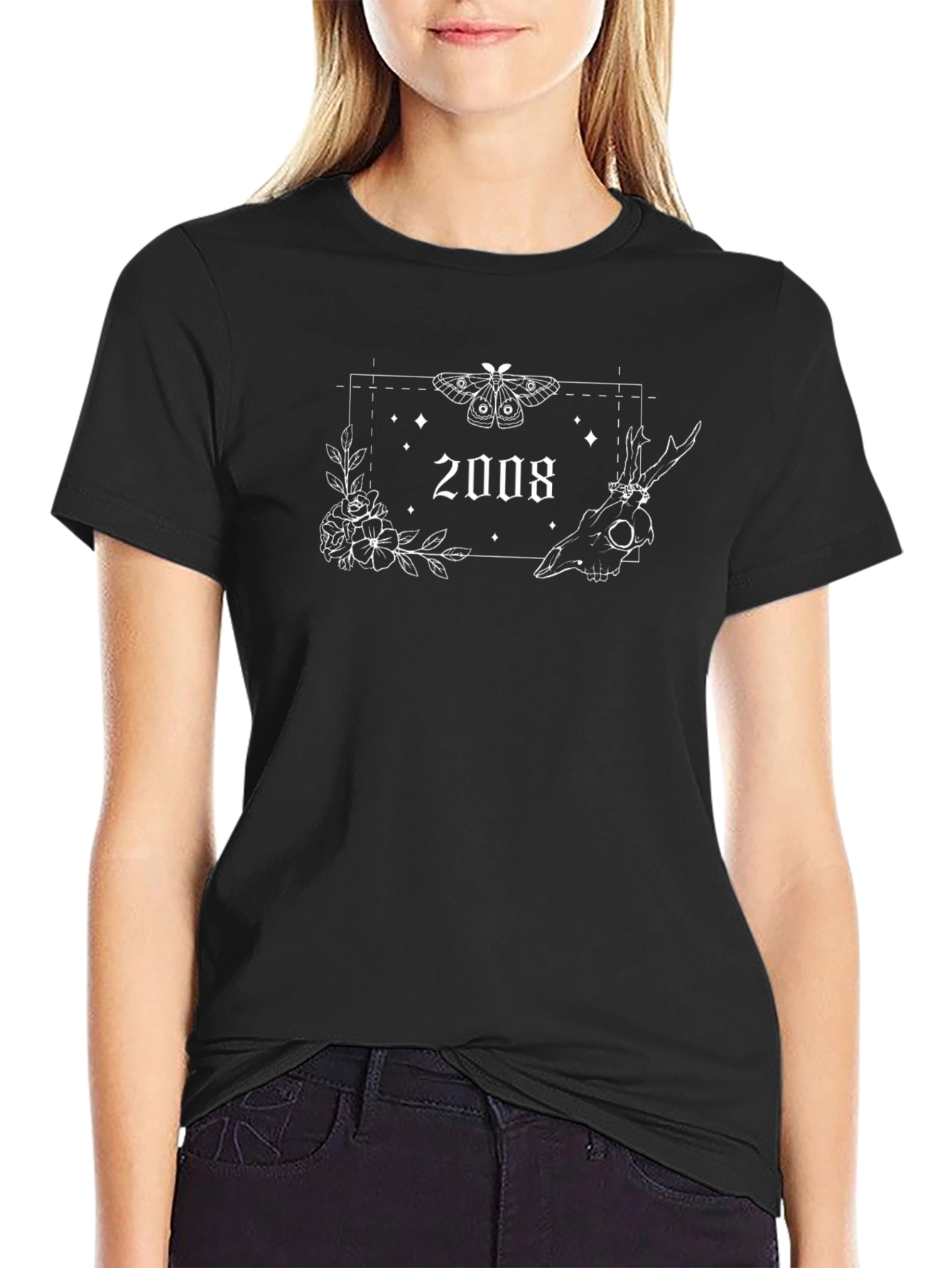 Gothic 2008 Moth Skull Floral Tee - Unisex Black T-Shirt