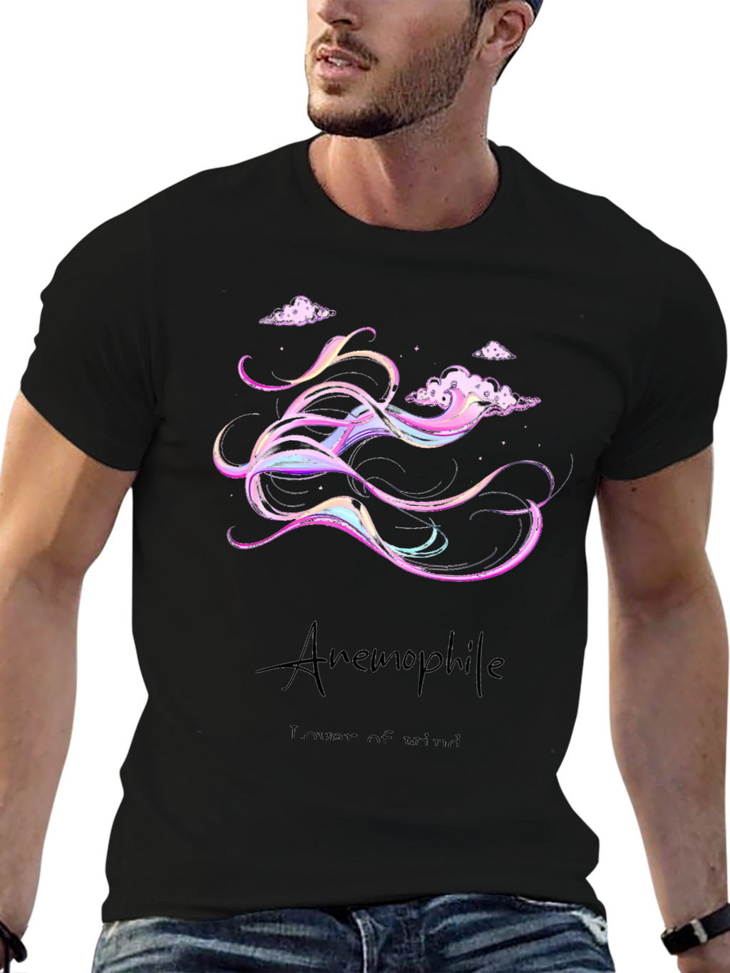 Anemophile Black T-Shirt - Whimsical Wind Design