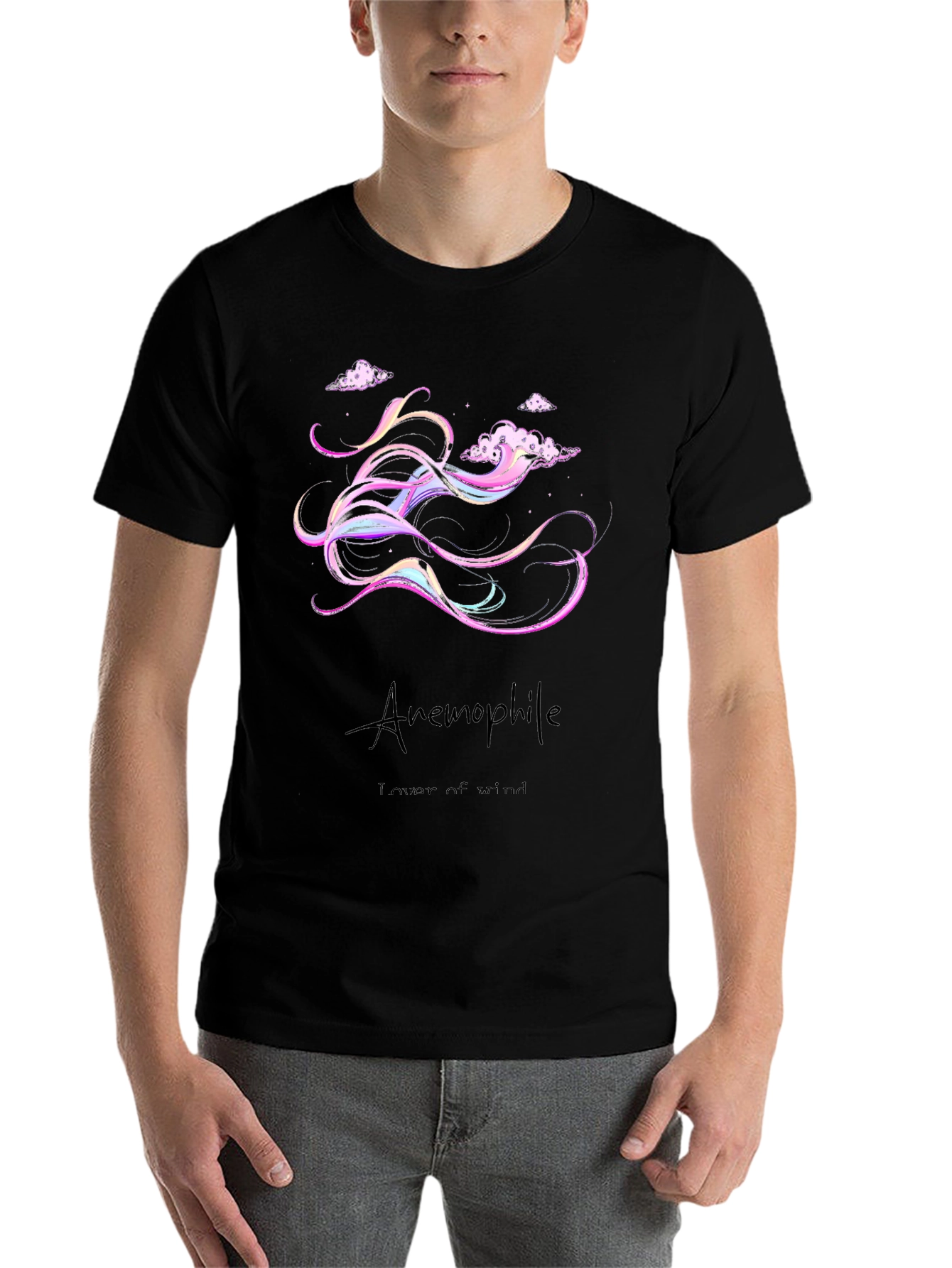 Anemophile Black T-Shirt - Whimsical Wind Design