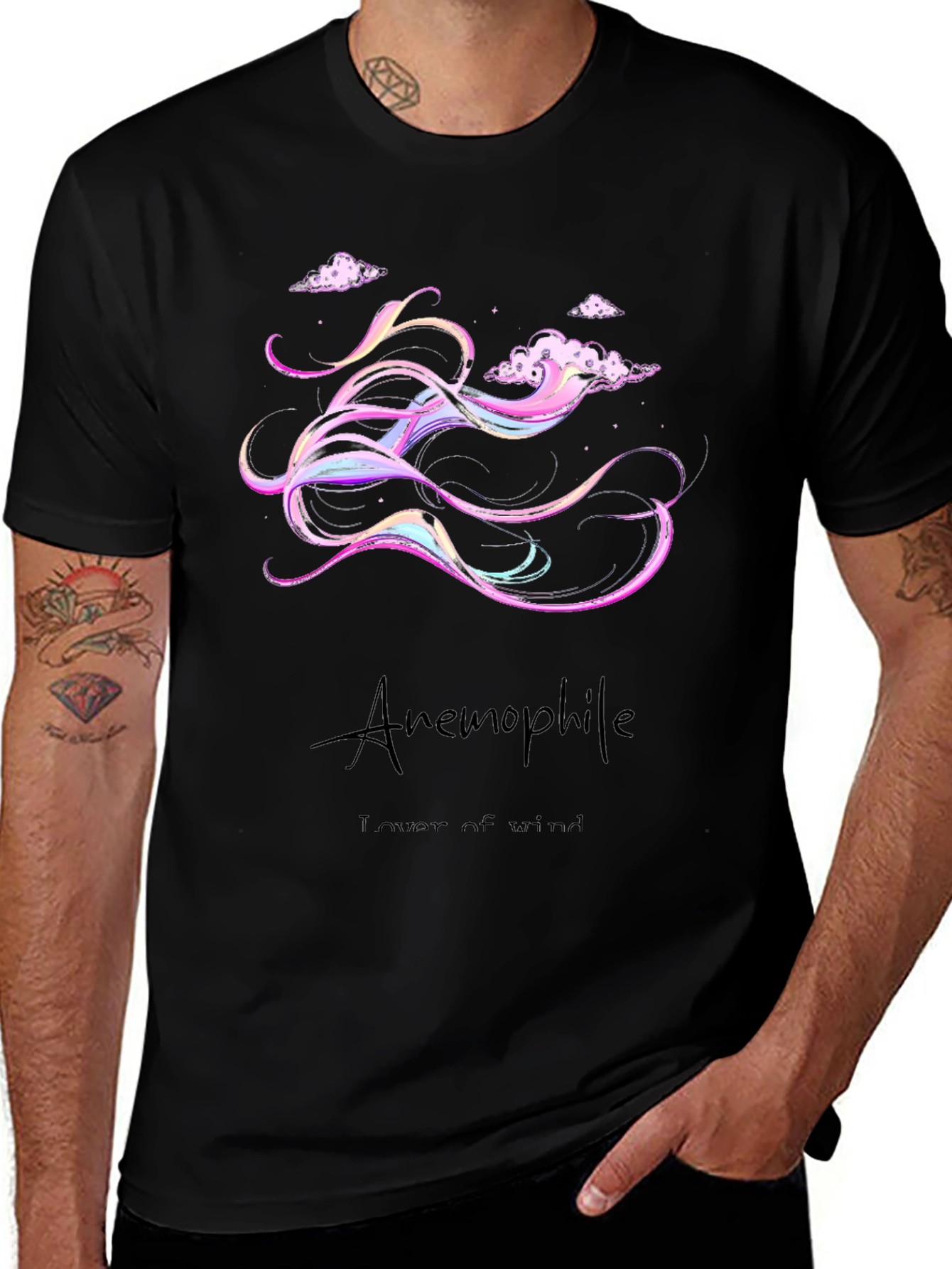Anemophile Black T-Shirt - Whimsical Wind Design