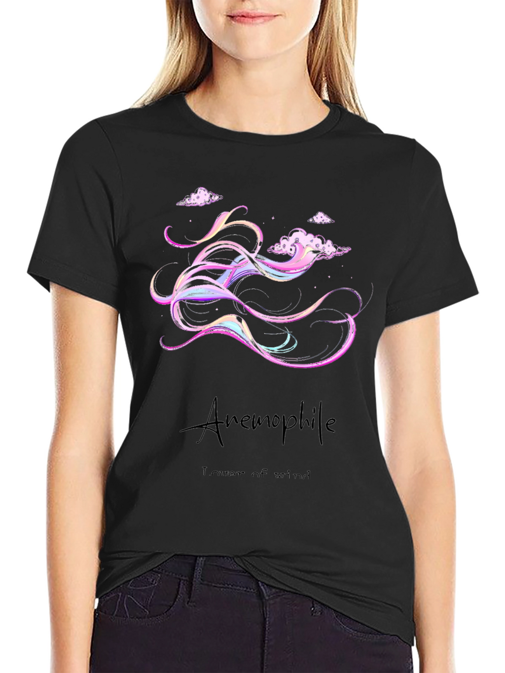 Anemophile Black T-Shirt - Whimsical Wind Design