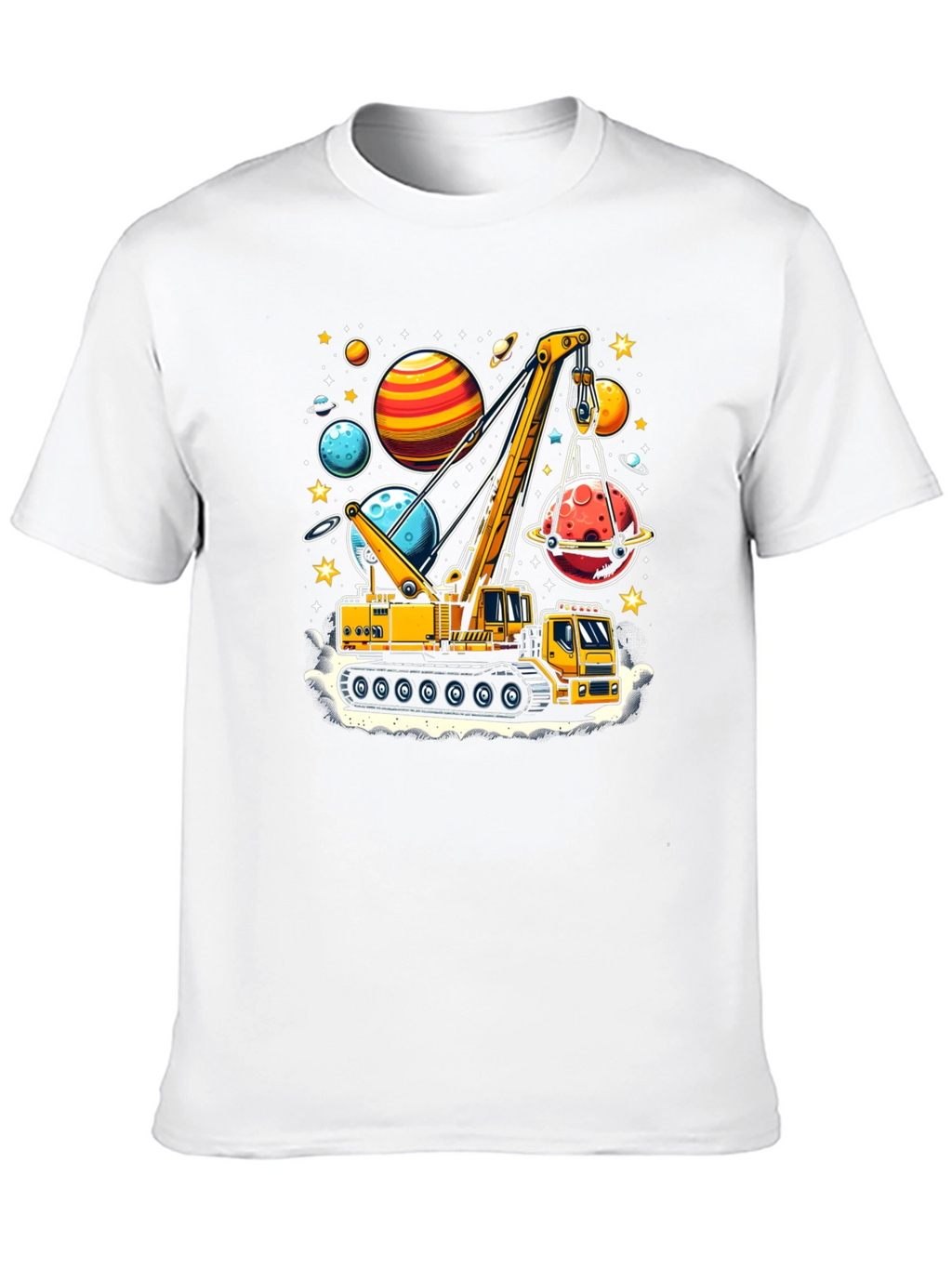 Crane Lifting Planets Graphic T-Shirt