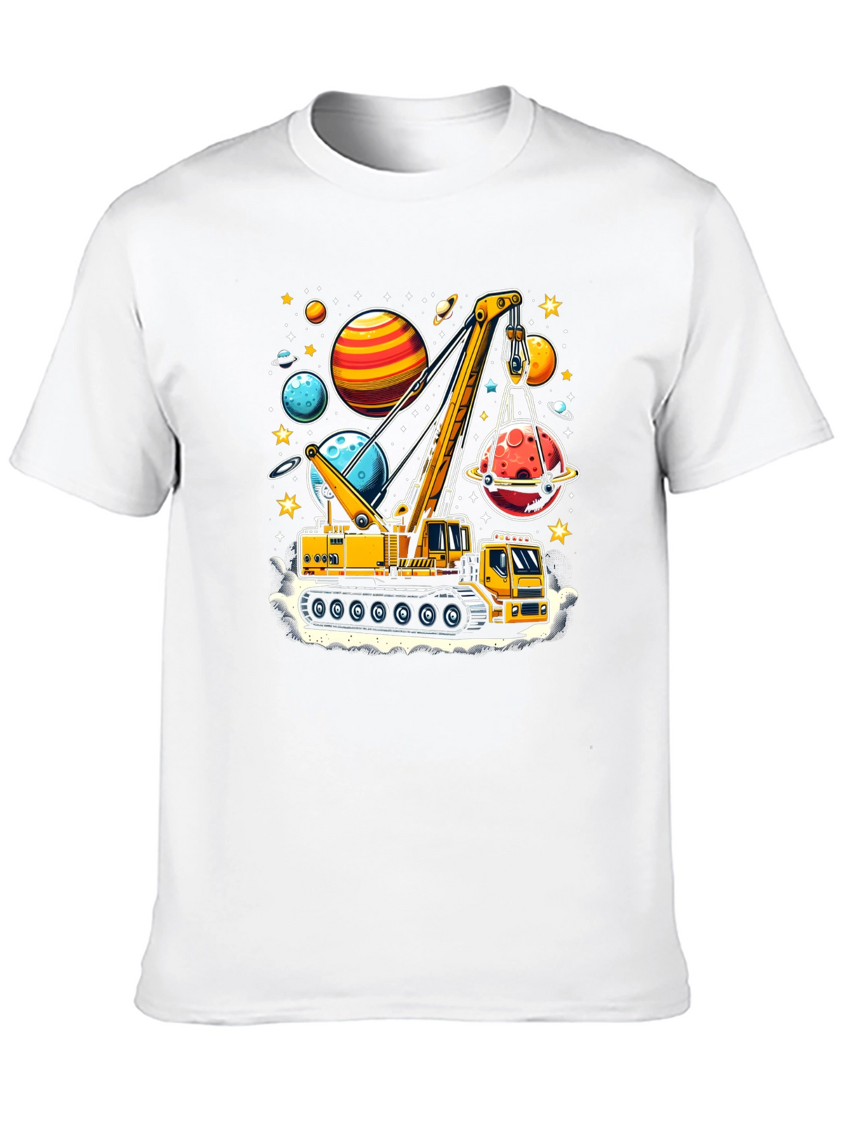 Crane Lifting Planets Graphic T-Shirt