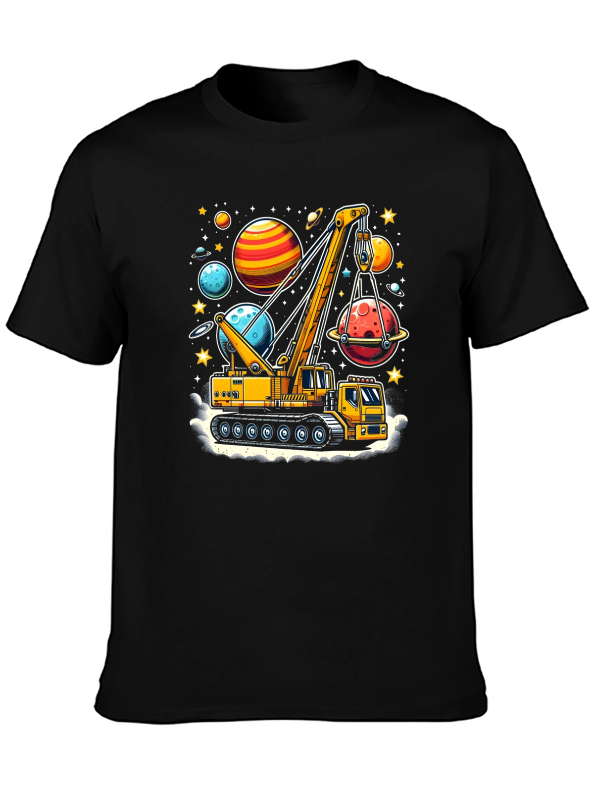 Crane Lifting Planets Graphic T-Shirt