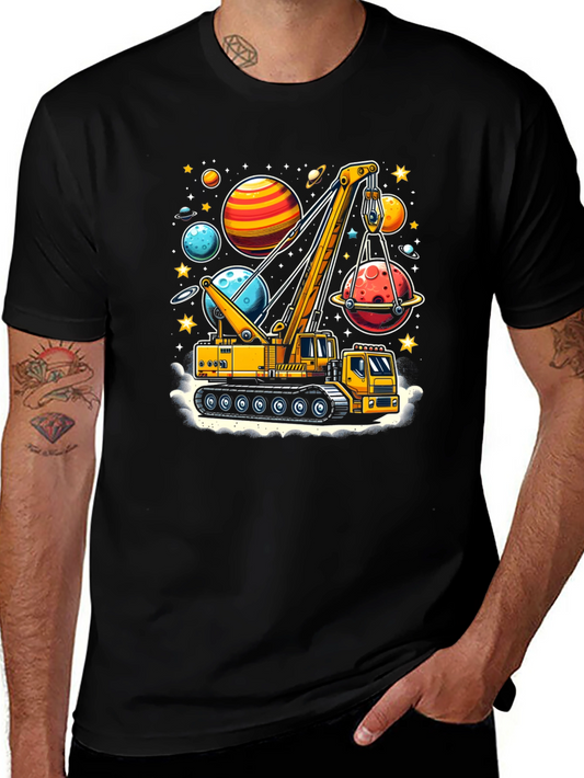 Crane Lifting Planets Graphic T-Shirt