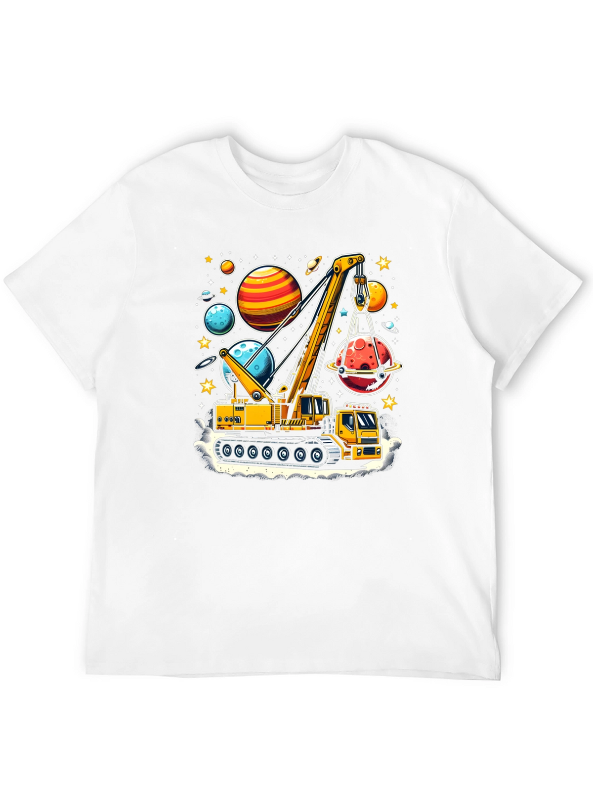 Crane Lifting Planets Graphic T-Shirt